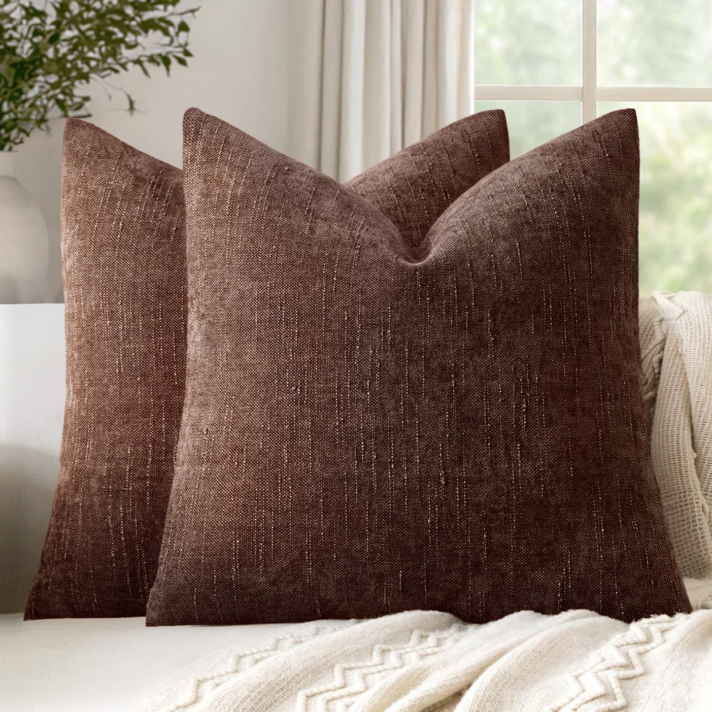 Woaboy 22x22 Inch Set of 2 Textured Throw Pillow Covers Decorative Soft Accent Square Chenille Pillowcases Neutral Farmhouse Cushions Modern Home Decor for Couch Sofa Bedroom Living Room,Beaver Fur