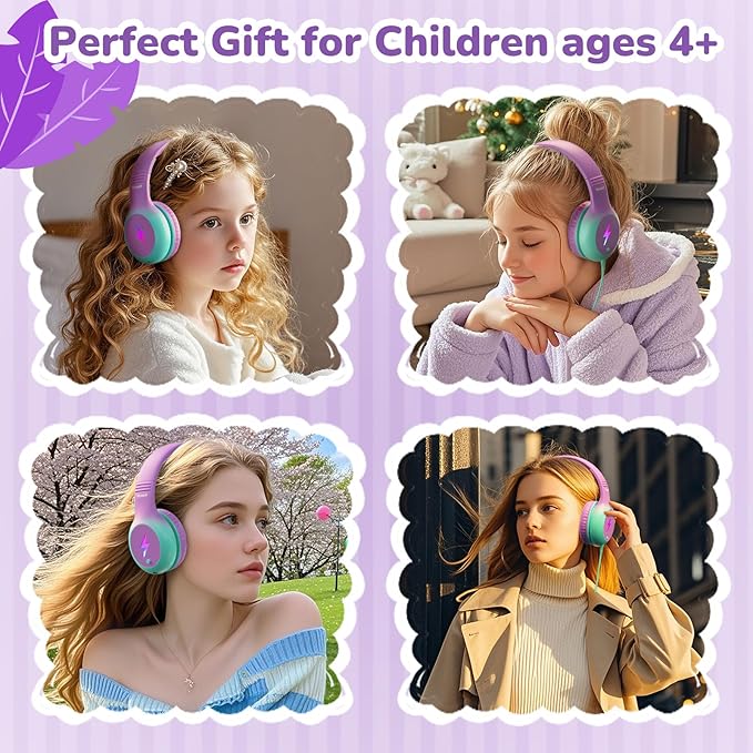 Kids USB C Headphones for School, 2025 Upgrade Safe Listening Wired Over-Ear Headphones with LED Lights, Volume Limiter & Microphone, Foldable Design for iPhone 16, iPad, Tablet (Green Purple)