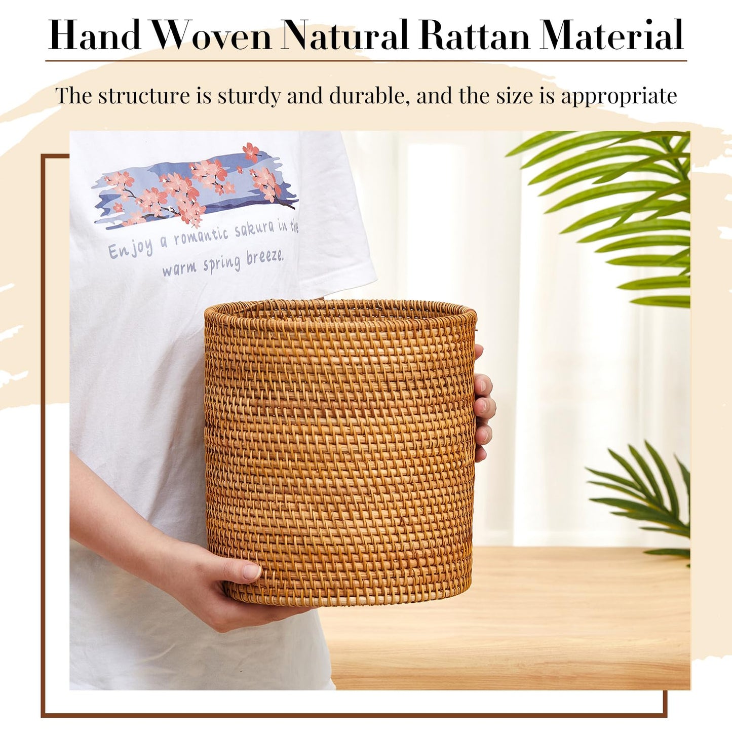 Teenyyou Log Color 2 Pcs Rattan Trash Can & Square Tissue Box Cover, Rattan Hand Woven Basket Set Wicker Bathroom Accessories for Bedroom Kitchen Office Organizer