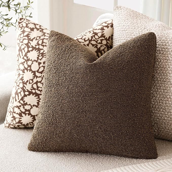 Foindtower Decorative Textured Boucle Throw Pillow Covers Accent Solid Pillow Cases Neutral Soft Cozy Couch Cushion Case for Chair Sofa Bedroom Living Room Home Decor 24x24 Inch,1PC,Chocolate