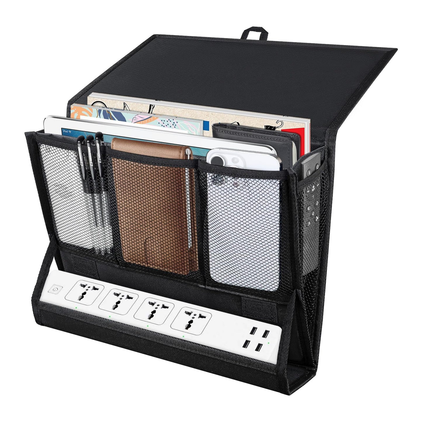 AKAYOK Bedside Caddy Hanging Bed Organizer Storage Bag Pocket with Power Strip Holder Multi-functional Organizer Caddy for Remotes Phone Glasses Magazines, Tablets, Accessories (7 pocket)