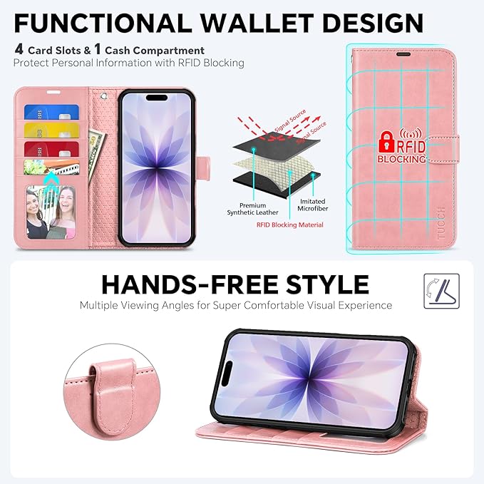 TUCCH 2-in-1 Detachable Wallet Case for iPhone 17 (6.3-inch) 2025, RFID Blocking 4 Card Slots, Wireless Charging, Wrist Strap, Kickstand, Magnetic, PU Leather, Protective Flip Cover, Rose Gold