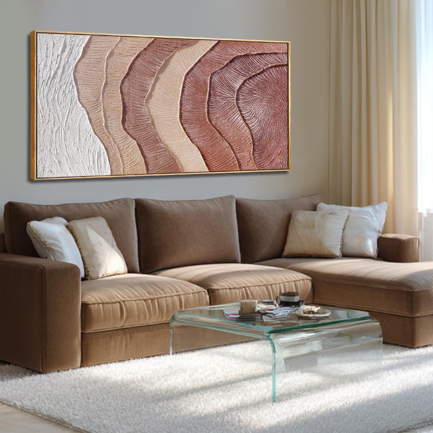 Framed Abstract Wall Art, Hand-Painted Beige Brown Textured Oil Painting on Canvas, Modern Neutral Wall Decor for Living Room Bedroom Office, 29x58 Inch