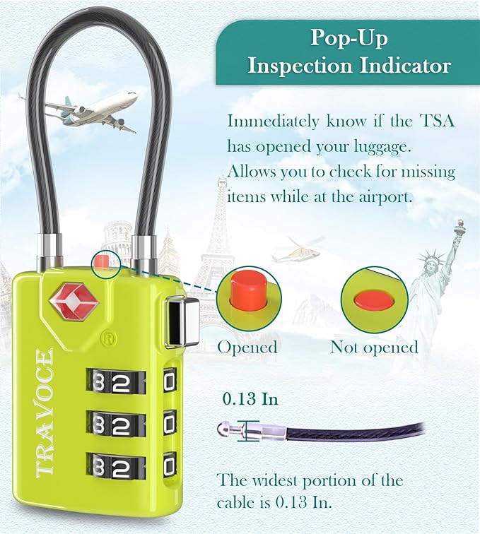 Search Alert TSA Approved Travel Combination Luggage Cable Locks for Suitcase, Gym Locker,Toolbox,Backpack 1,2,4,6 &10 pk (Lime 4 Pack)