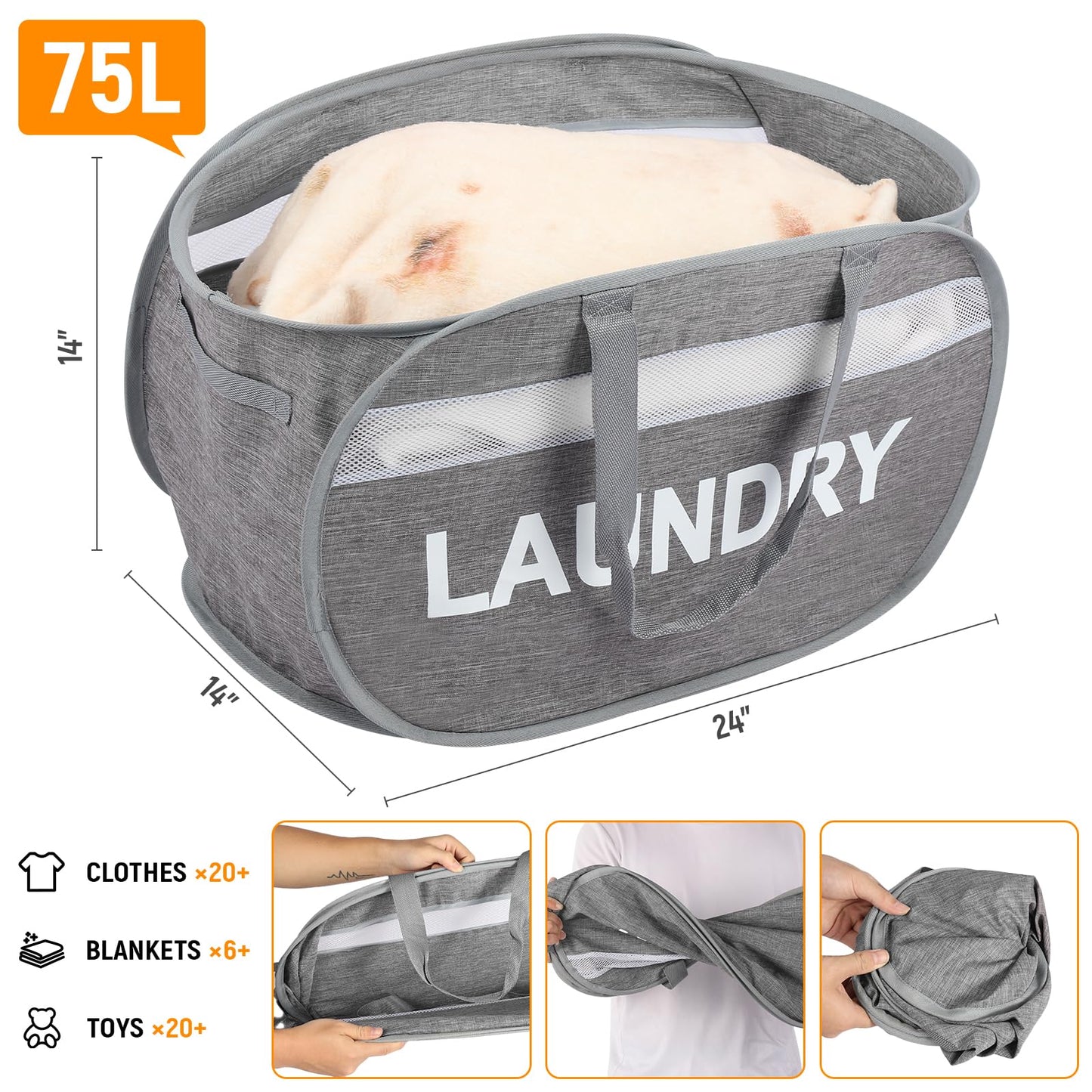 Collapsible Laundry Baskets, Foldable Clothes Hamper with Reinforced Handles, Sturdy Pop Up Hampers for Laundry, Tear Proof & Easy to Carry Laundry Hamper for Home, Apartment, Dorm, Travel Grey