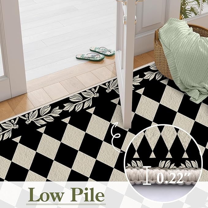 Modern Black White Checkered Pattern Runner Rug, 2.6x7ft, Abstract Neutral Farmhouse Decor Rugs for Living Room, Non-Shedding Low Pile Soft Foldable Carpet for Family Kitchen