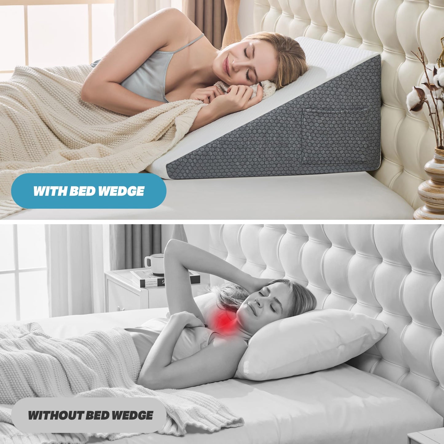 Yojoker Wedge Pillow for Sleeping - Bed Wedge for Headboard Triangle Pillow, Memory Foam Wedges for Acid Reflux, GERD, Snoring, Post Surgery Back Pain Relief, Leg Elevation(White Grey, 24*24*7.5 inch)