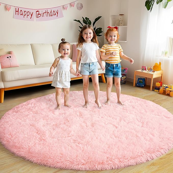 Round Fluffy Rugs 4Ft for Girls Bedroom, Pink Shag Circle Kids Rug Non-Slip for Bedside Dorm Nursery Playroom, Soft Cute Area Rugs for Living Room Decor