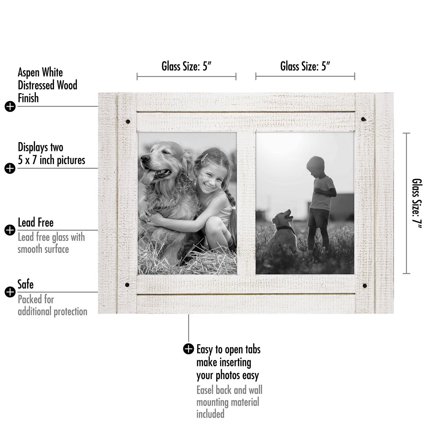 Americanflat Hinged 5x7 Double Picture Frame with 2 Photo Openings and Polished Glass - Distressed Wood Collage Picture Frames for Tabletop and Wall Display - Hampton Collection - Aspen White