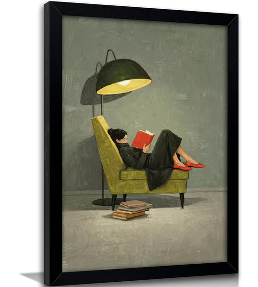Framed Trendy Women Reading Book Wall Art Quiet Moment on The Sofa Art Prints Green Striped Painting Picture Modern Women's Minimalist Pictures Artwork for Living Room Bedroom Home office Wall Decor
