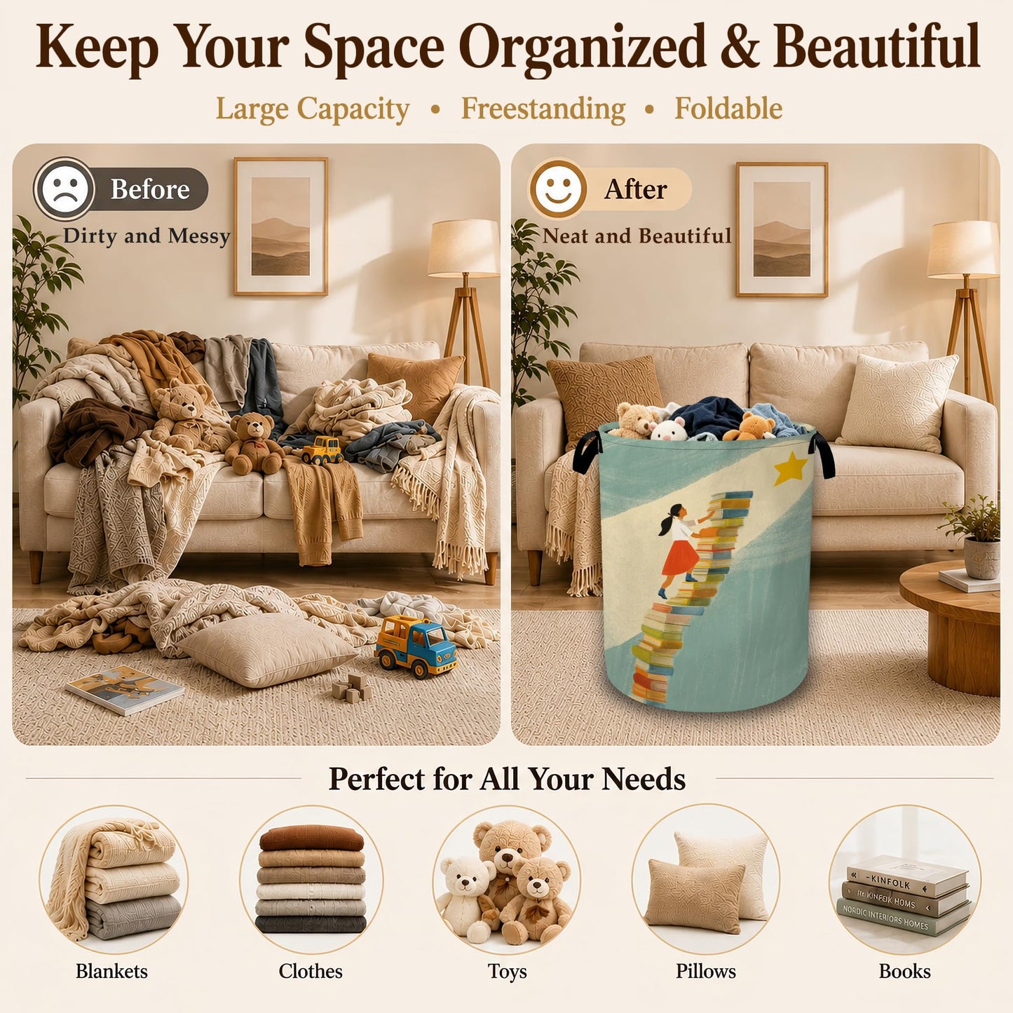 Dream Stairway Large Clothes Hamper, Portable Collapsible Laundry Basket with Handles, Freestanding Storage Bin for Bedroom Bathroom Dorm Laundry Room