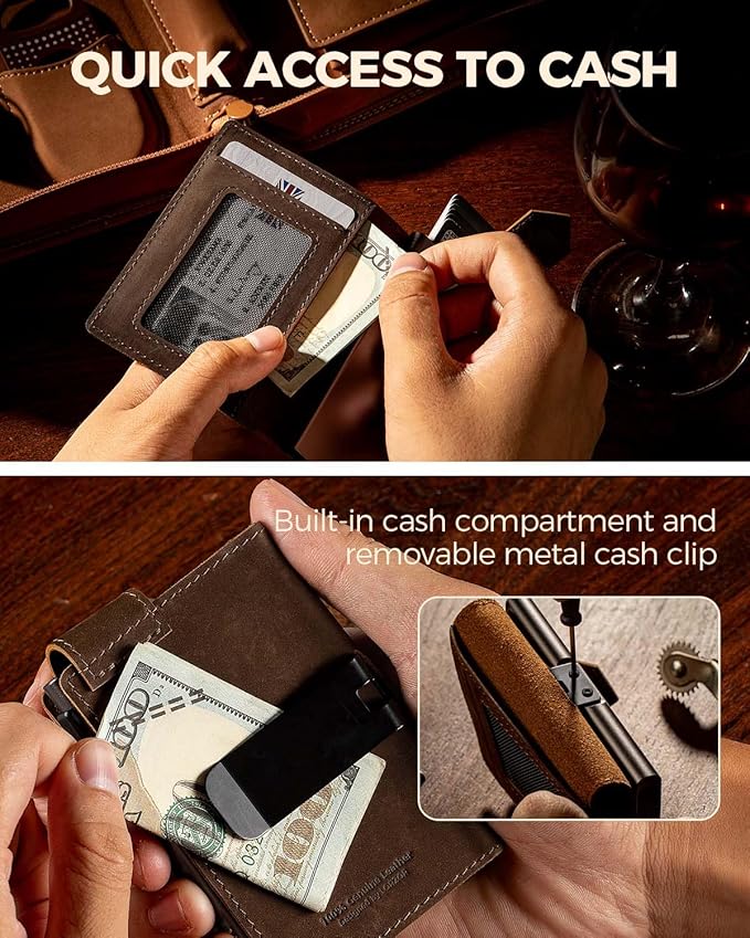 LORZOR Slim Wallet for Men with Security Latch, Pop Up Metal Card Holder Wallet, Finest Full Grain Leather Bifold Wallets, Smart, Minimalist, RFID Blocking, Front Pocket, ID Window