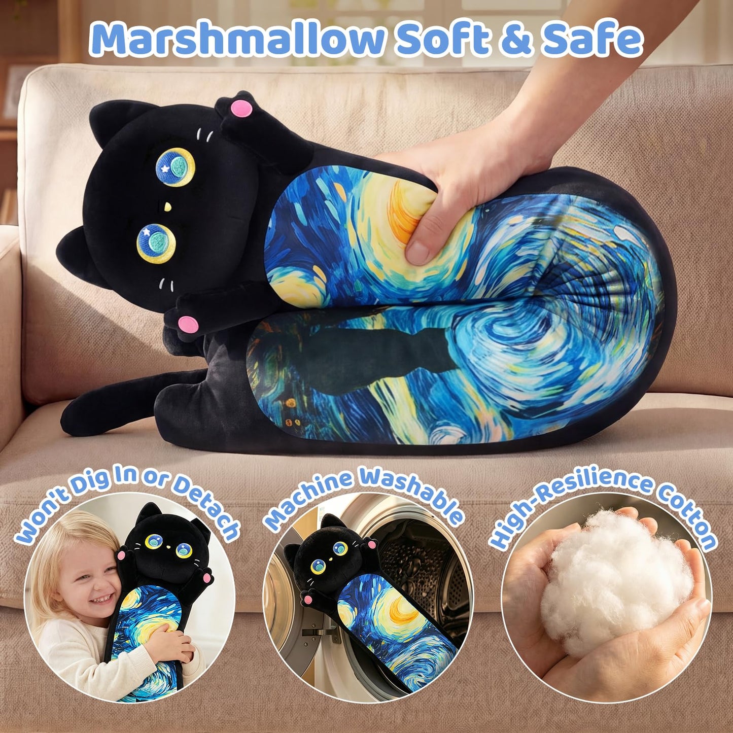 Mewaii Long Cat Plush 5 Sizes, 120% Extra Filling Giant Plushness Kids Body Pillow, Kawaii Cute Black Starry Cat Stuffed Animals Plushies, Big Long Black Cat Body Pillow Plush Gift for Girls 20”