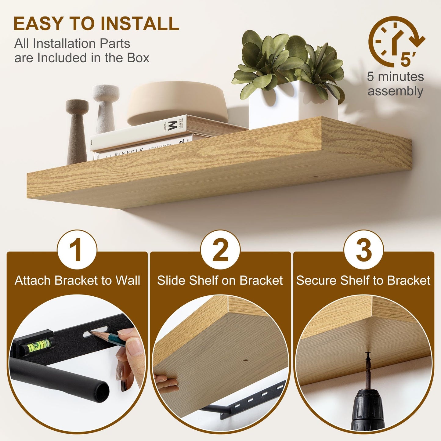 Fun Memories Floating Shelves for Wall, 20Inch Floating Shelves Set of 2, Hanging Shelf with Invisible Brackets, Wood Shelves for Living Room, Bedroom, Kitchen, Oak