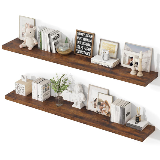 Feihorrm 55 Inch Floating Shelves, 12 Inch Deep Floating Shelves for Wall, Extra Deeper & Thicker Wooden Wall Shelf with Invisible Brackets, Shelf for Bedroom Home Decor（Rustic Brown, Set of 2）