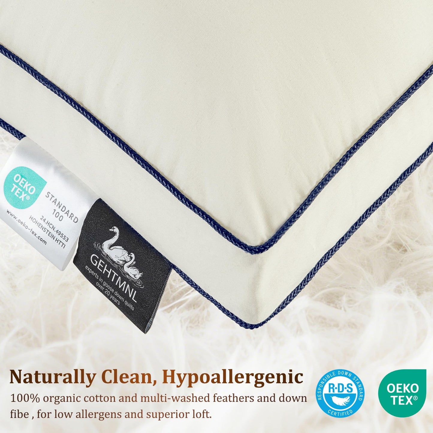 Gehtmnl Feather and Down Fiber Firm Bed Pillows Set of 2, 3-Chamber Design with 2” Gusset, Organic Cotton Cover, Hotel Quality Support for Side and Back Sleeper (2,King(20"x36"))