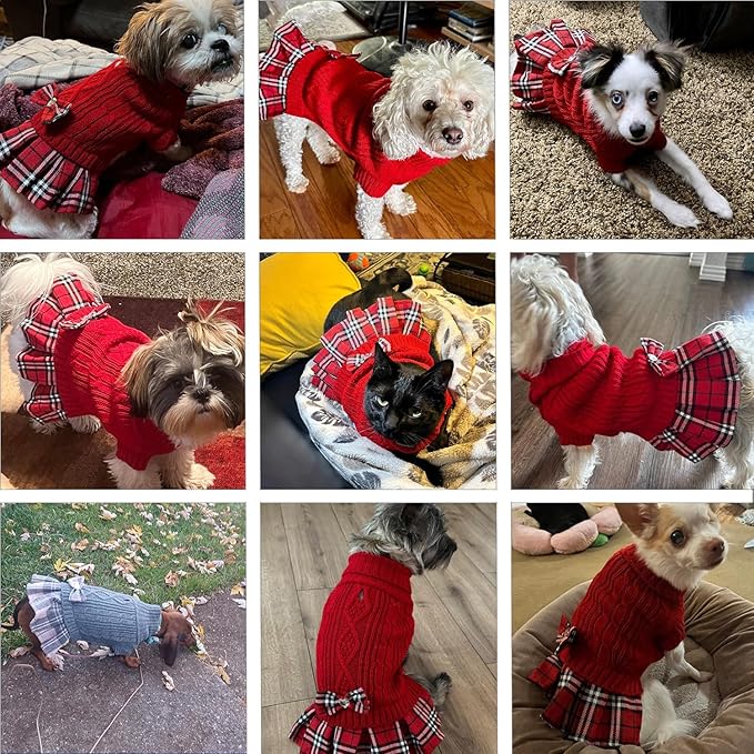 YUDODO Small Dog Sweater Dress with Bowtie Turtleneck - Knitted Pet Girl Dog Winter Clothes - Pet Warm Sweater for Puppy Yorkies, Chihuahua (M Red)