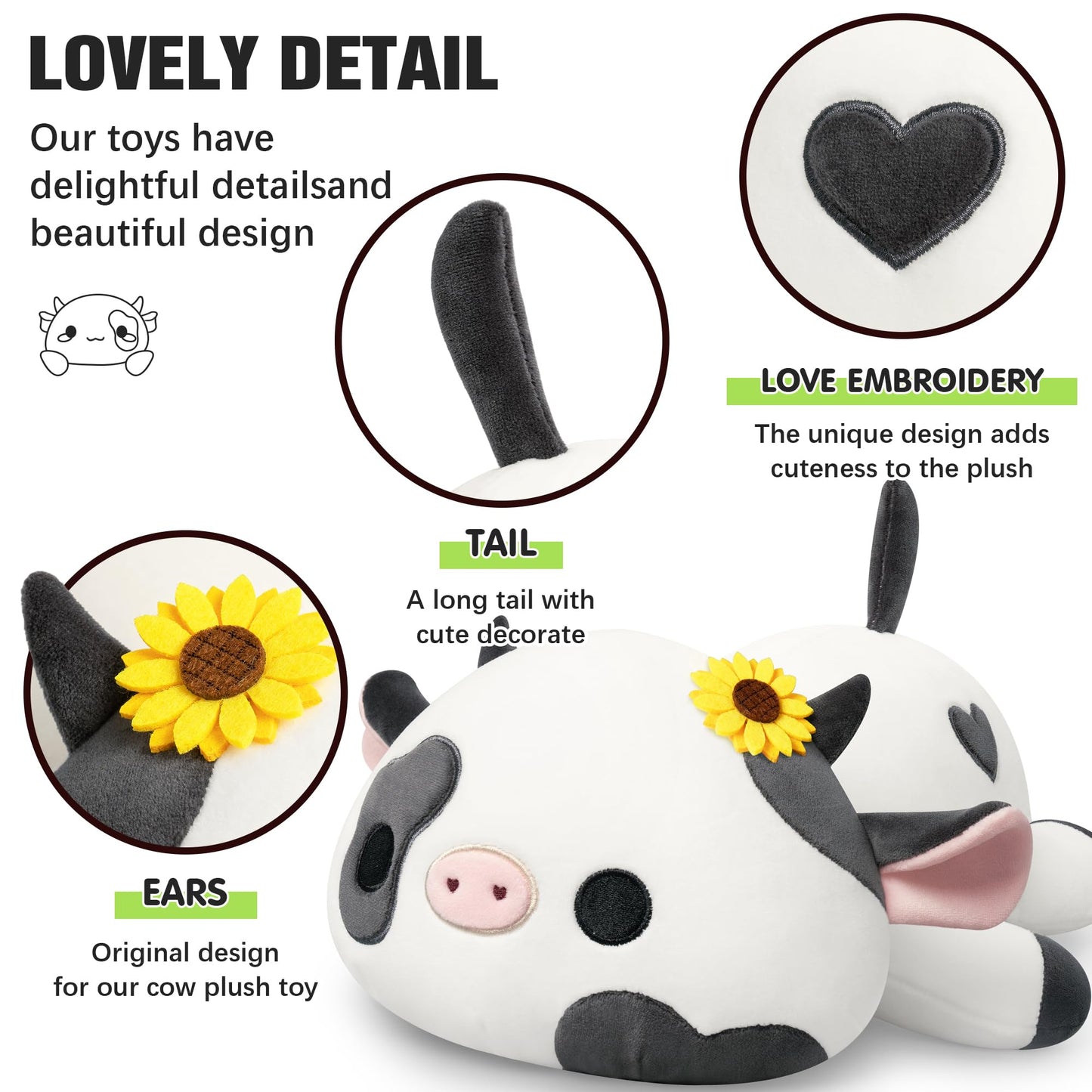 Onsoyours Cute Cow Plushie with Sunflower Headwear, Soft Stuffed Milk Love Cow Squishy Plush Animal Toy Flower Cow Pillow Gift for Kids (Sunflower Cow, 12")