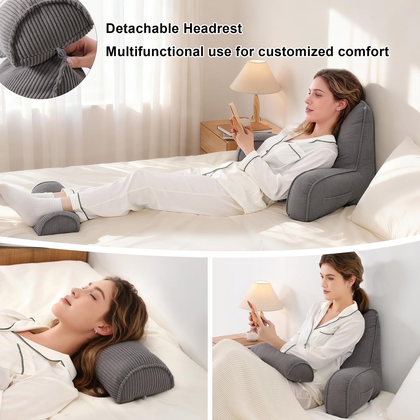 Ailuteie Reading Pillow for Sitting Up in Bed, Sofa & Floor – Corduroy Backrest Pillow with Arms, Side Pockets & Washable Cover, Bed Rest Pillow Back Support, Dark Grey