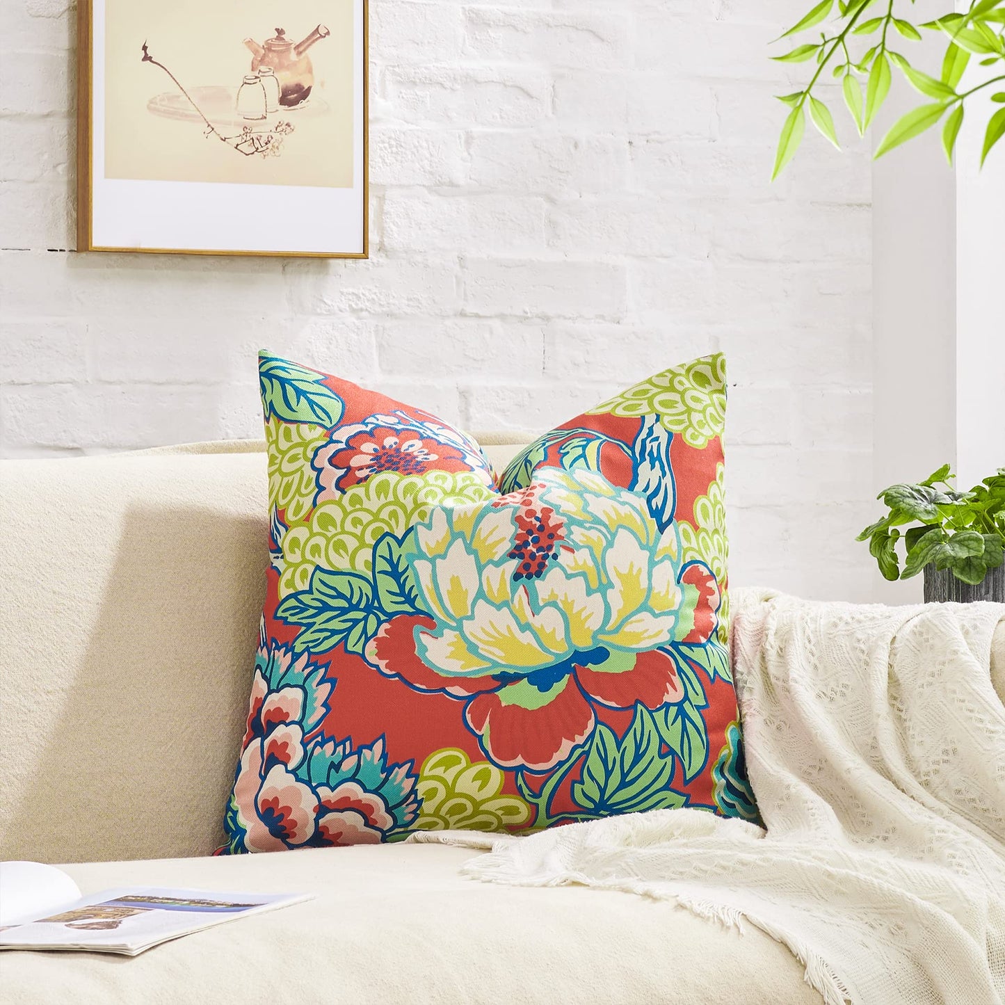 BLESFEST Pack of 2, Chinoiserie Pillow Cover 18 x 18 Inch Peony Floral Pillow Covers Linen Flower Throw Pillow Covers Farmhouse Pillowcase Cushion Covers for Sofa Couch Living Room Pink