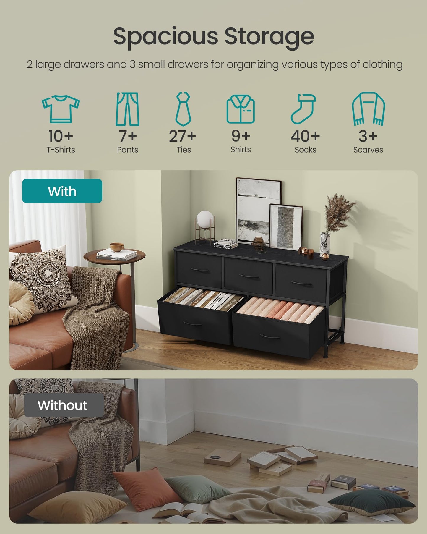 SONGMICS BELLAH Collection - Dresser for Bedroom, Chest of Drawers, Storage Organizer Unit, Closet, Entryway, Steel, 5 Drawers, Modern, Ink Black and Ebony Black ULGS322B01S