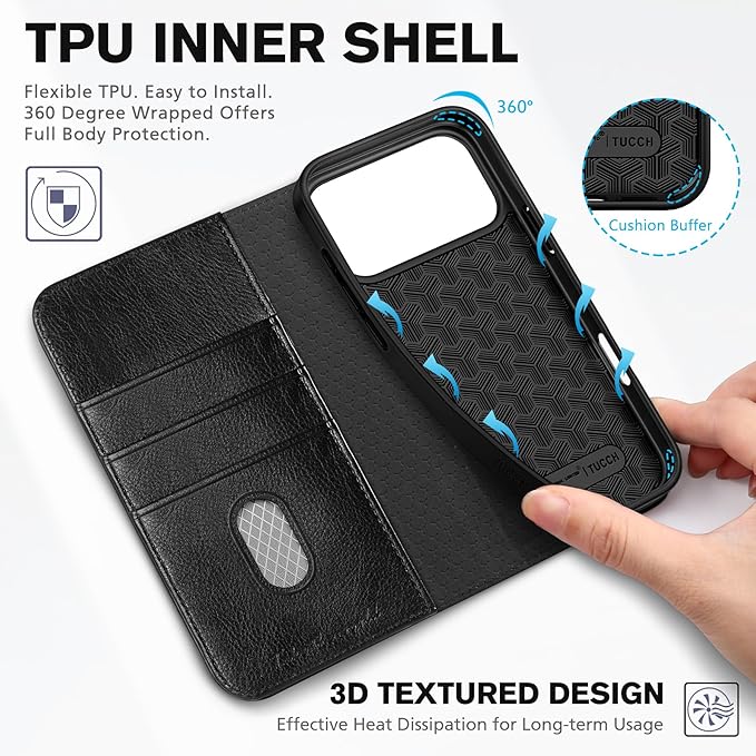 TUCCH Case Wallet for iPhone 17 Pro Max (6.9") 2025, RFID Blocking, 3 Card Holders, Kickstand, PU Leather, Protective Flip Folio Cover, TPU Shockproof Interior Shell, Textured Black