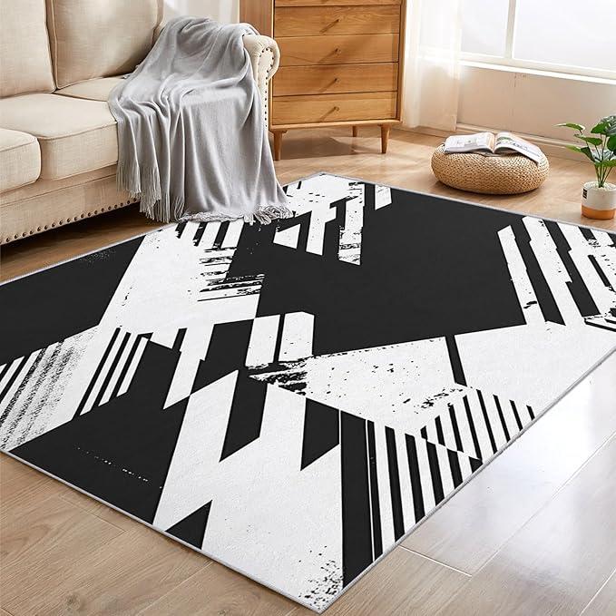 Black and White Rugs for Home Decor, 5x8 ft, Abstract Geometric Area Rugs for Living Room, Soft Non Slip Washable Modern Minimalist Carpet Bedroom Decorations Dt-Ghf-31