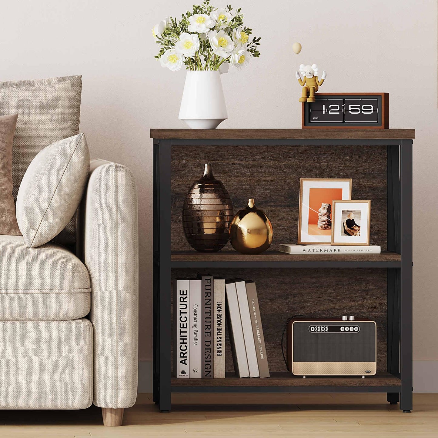 FATORRI Small Bookshelf, Rustic Book Shelf for Small Space, Low Short Bookcase, Industrial Wood and Metal Bookshelf and Bookcase for Living Room (Rustic Brown)