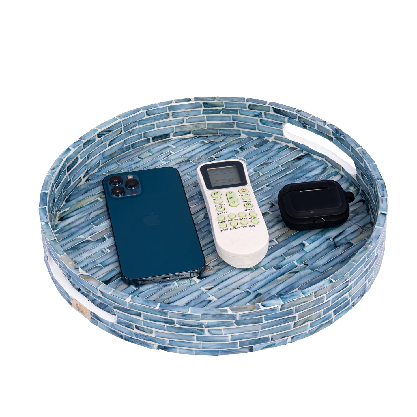 PEMAR 12.6” Mother of Pearls Lacquer Inlaid Round Serving Tray with Handles, Round Decorative Nacred Wooden Ottoman Coffee Table Tray (Blue Tiles)