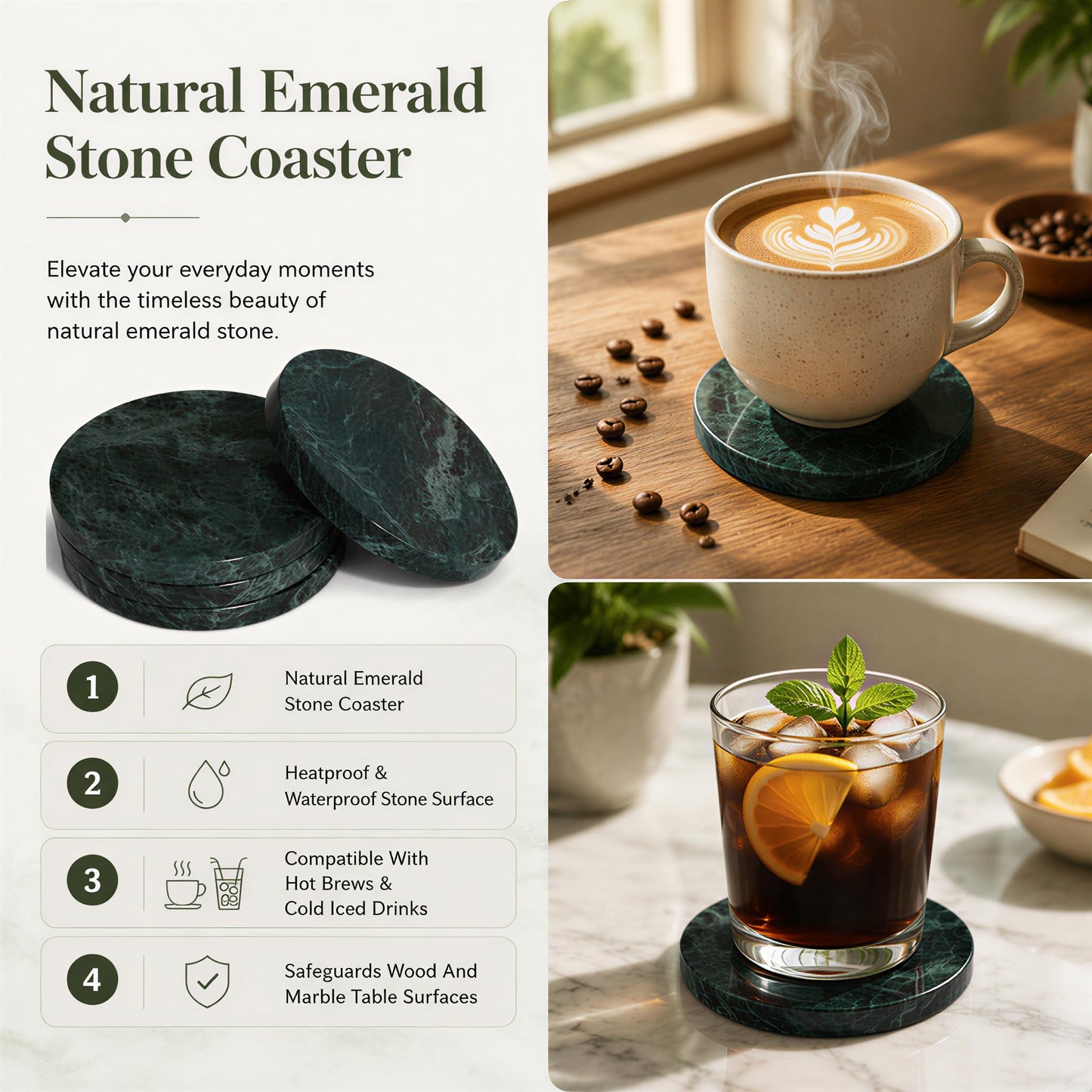 CASACOUTURE Green Marble Coasters Set of 4, Natural Stone Drink Coasters 4 Inch Round, Non-Slip Cork Bottom, Heat & Water Resistant, Protects Table Surfaces, Elegant Home Decor — Housewarming Gift