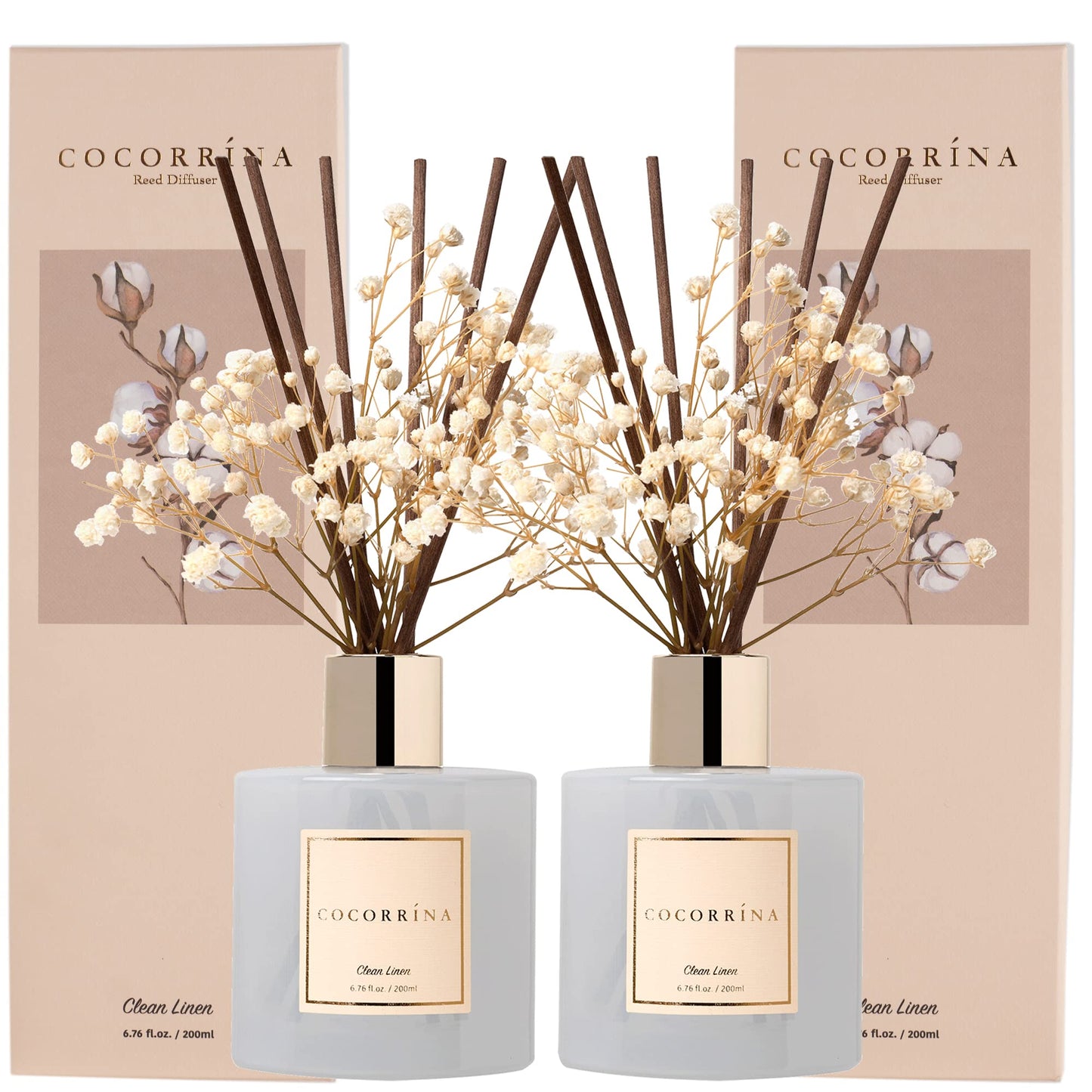 Cocorrína Reed Diffuser Set, 6.7 fl.oz Clean Linen 2 Packs Scented Diffuser with Sticks Home Fragrance Reed Diffuser for Bathroom Shelf Decor