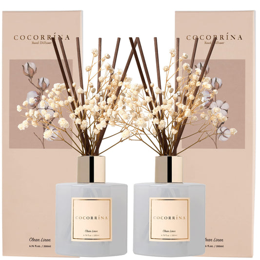Cocorrína Reed Diffuser Set, 6.7 fl.oz Clean Linen 2 Packs Scented Diffuser with Sticks Home Fragrance Reed Diffuser for Bathroom Shelf Decor