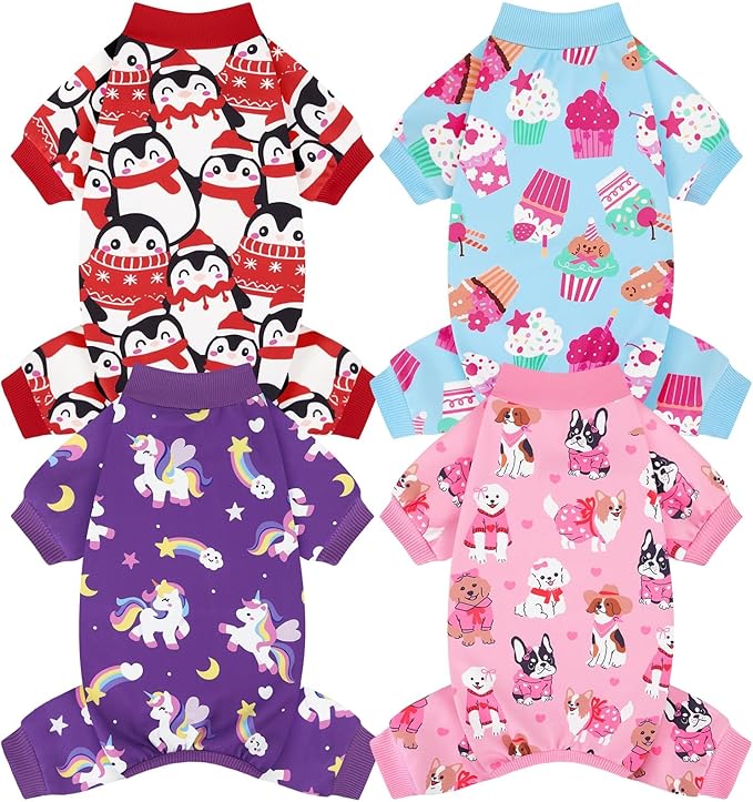 XPUDAC 4 Pack Dog Pajamas Cute Soft Dog Clothes for Small Medium Dogs Boy Girl Stretchy Pjs Jammies Outfit Puppy Onesies, Large