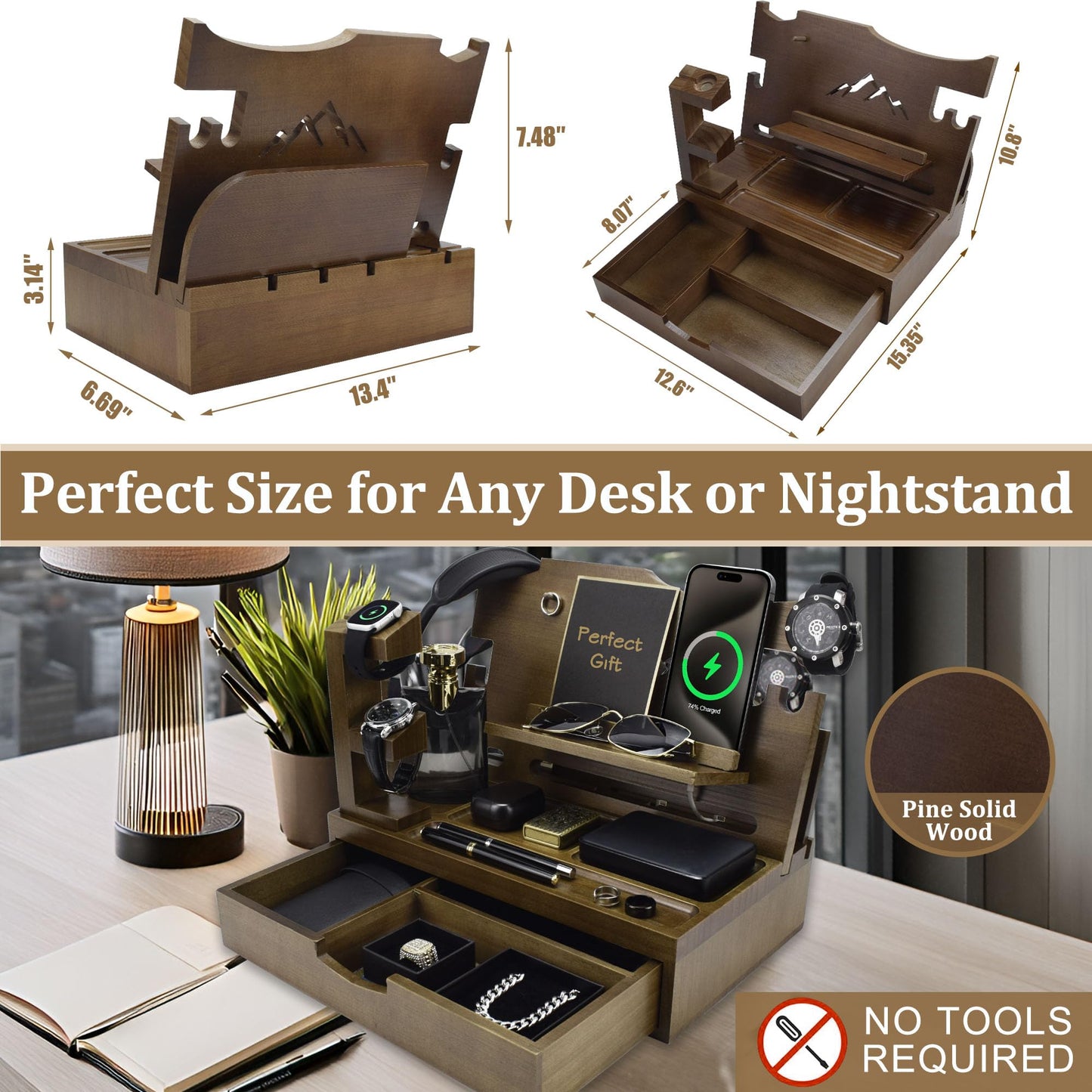 KWYADLUO Nightstand Organizer for Men with Large Drawer, Wood Phone Docking Station for Phone, Apple Watch, Wallet & Keys, Ideal Birthday Gift for Father Husband, Bedside Desk Organizer (Brown)