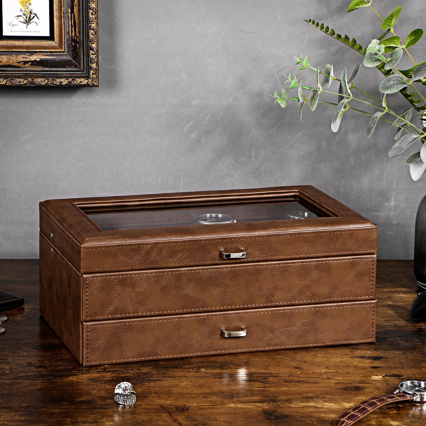 BEWISHOME Watch Box 12-Slot, Watch Case with Large Glass Lid