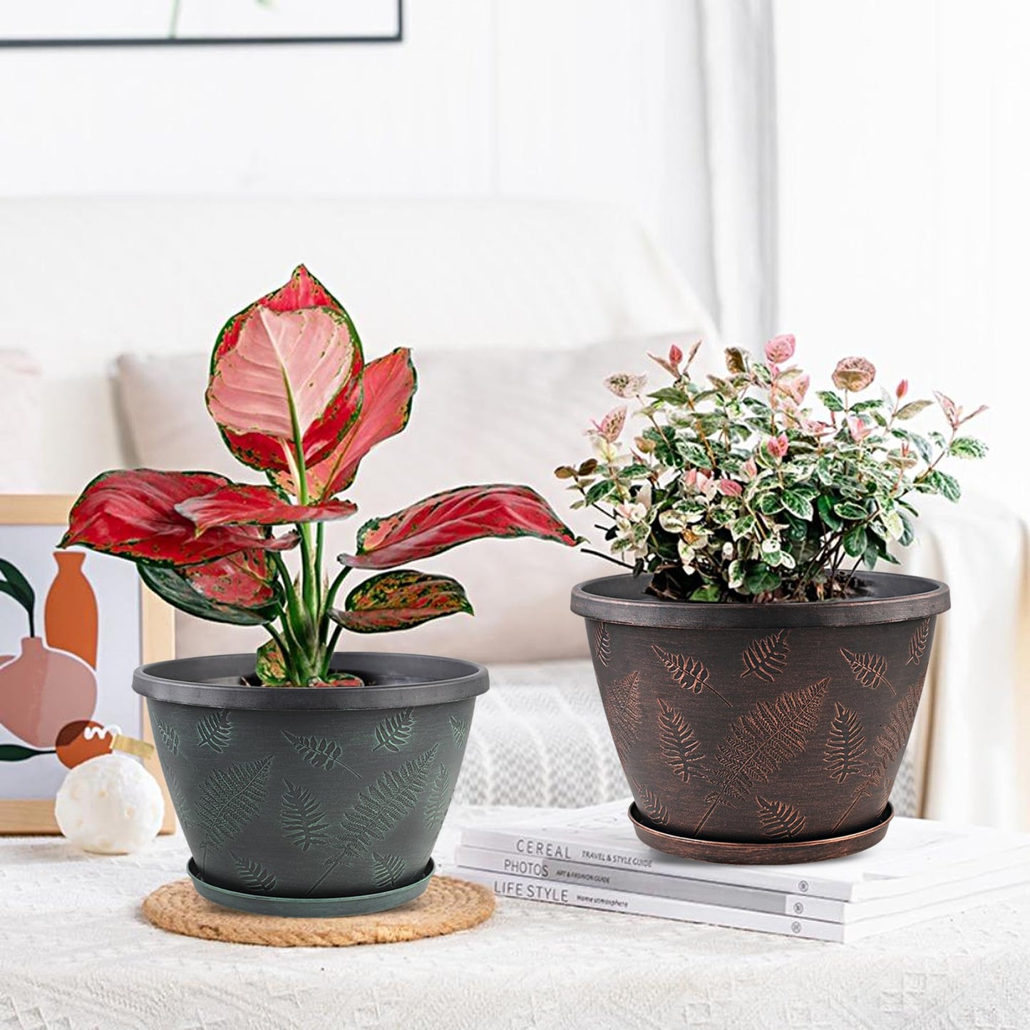 Svxtoby 11 inch Plant Pot, 3 Pack Large Pots for Plants, Flower Pots with Drainage Hole & Saucer, Modern Planters for Indoor Outdoor Plants, Decorative Plastic Garden Pots (Copper)