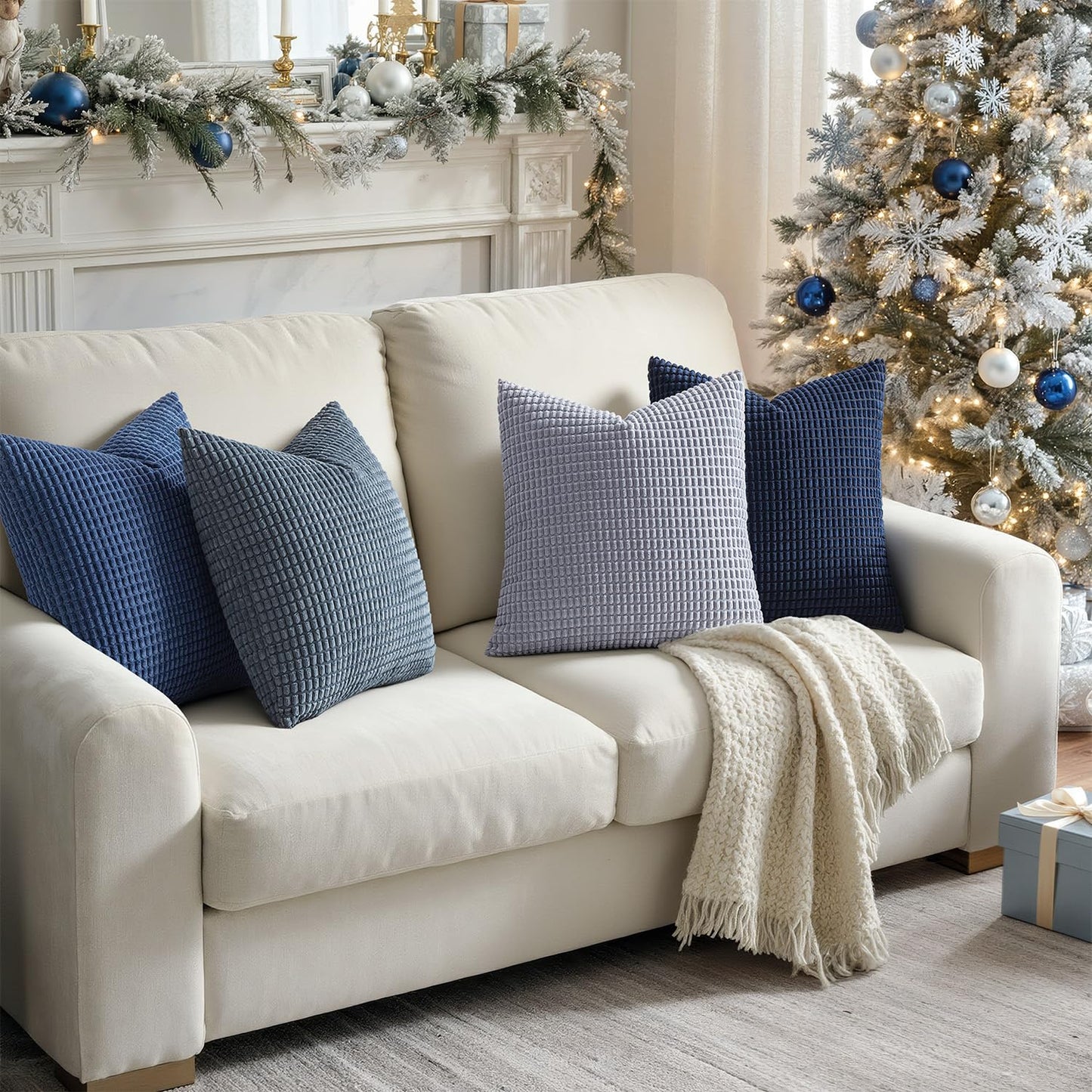 MIULEE Blue Decorative Pillow Covers 18x18 Inch Set of 4 Boho Western Farmhouse Home Decor Couch Throw Pillows Summer Coastal Corduroy Pillowcases Industrial for Sofa Living Room Bed