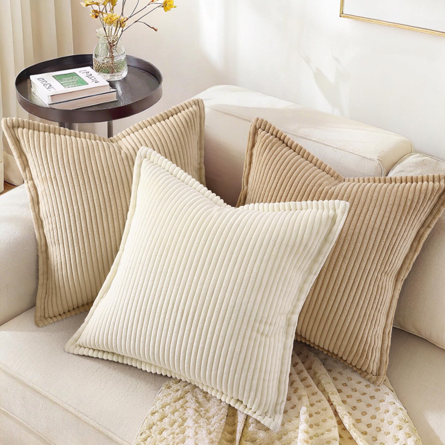 decorUhome Summer Corduroy Cream White Euro Sham Throw Pillow Covers 22x22 Set of 2 Decorative Soft Boho Farmhouse Couch Pillow Covers for Living Room Bed Sofa Broadside Striped Pillow Cases
