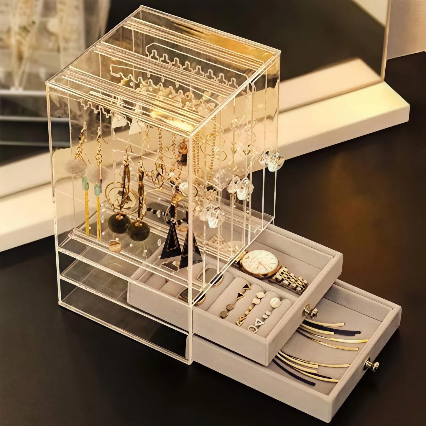Sooyee Acrylic Earring Holder and Jewelry Organizer with 5 Drawers, Dustproof Jewelry Stand Rack Display for Necklaces Bracelet Earrings and Ring, Clear