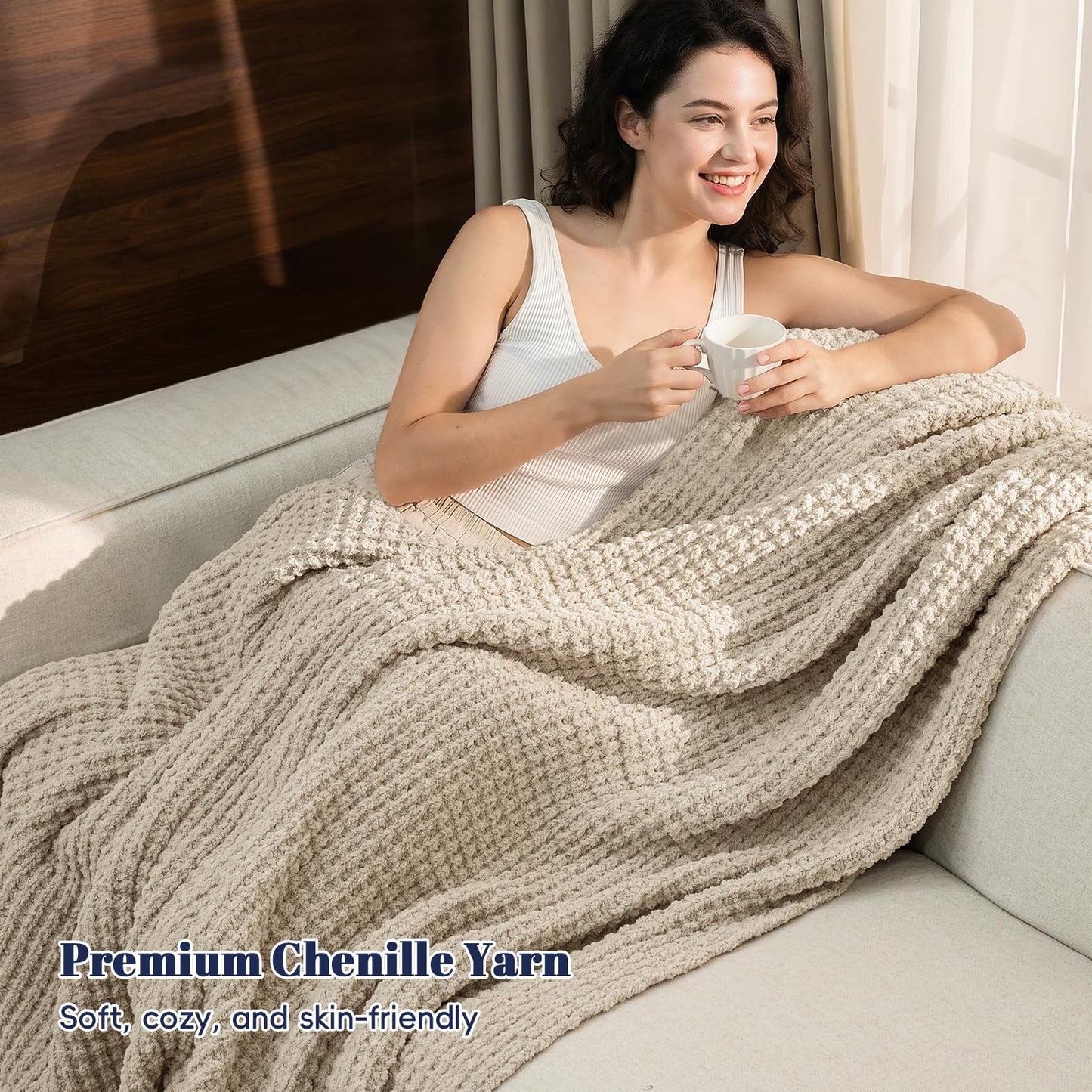 PHF Chenille Waffle Knit Blanket Twin Size- Plush Warm & Cozy 60" x 80" Ultra Soft Blanket- Chunky Fluffy Waffle Bedding for Home Decor - Natural