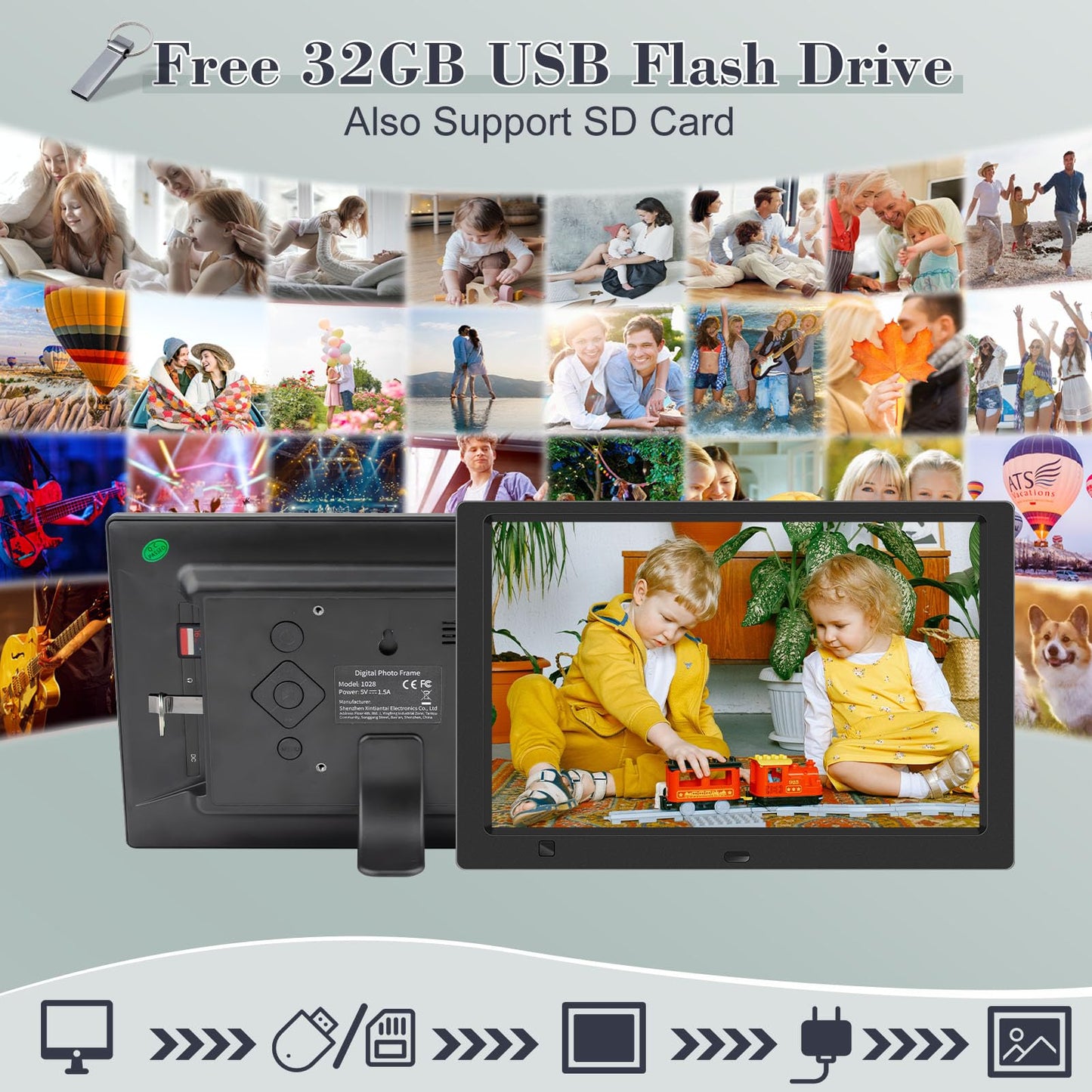 KECAG 10.1" Digital Picture Frame, 1080P IPS Digital Photo Frame, No WiFi/App Needed, Plug & Play SD Card & USB, Remote & Motion Sensor, Photos/Videos/Music, Free 32GB USB