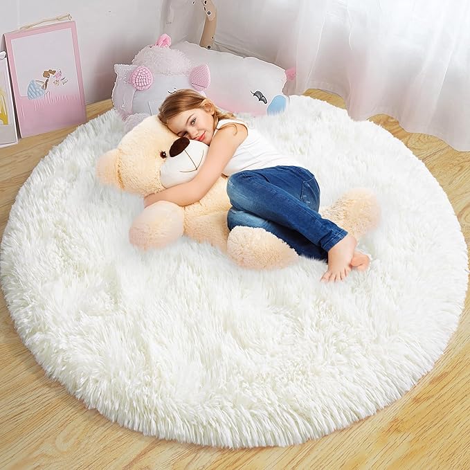 Round Fluffy Rugs 7Ft for Girls Bedroom, Cream White Shag Circle Kids Rug Non-Slip for Bedside Dorm Nursery Playroom, Soft Cute Area Rugs for Living Room Decor