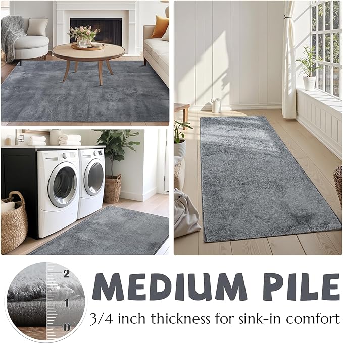 jinchan Solid Plush Runner Rug 2x5 Performance Shaggy Washable Hallway Rug Soft Modern Faux Wool Cozy Non Slip Carpet for Bedroom Laundry Room Living Room Kids Nursery Grey