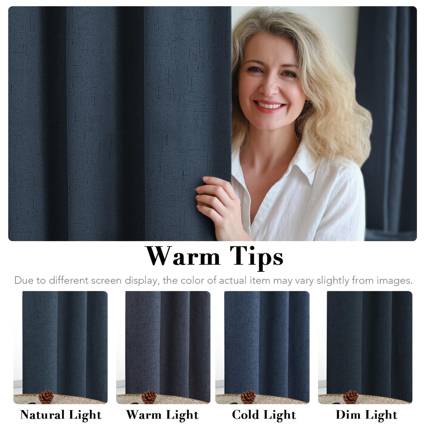 H.VERSAILTEX Linen Blackout Curtains 84 Inches Long 100% Absolutely Blackout Thermal Insulated Textured Linen Look Curtain Draperies Anti-Rust Grommet, Energy Saving with White Liner, 2 Panels, Navy