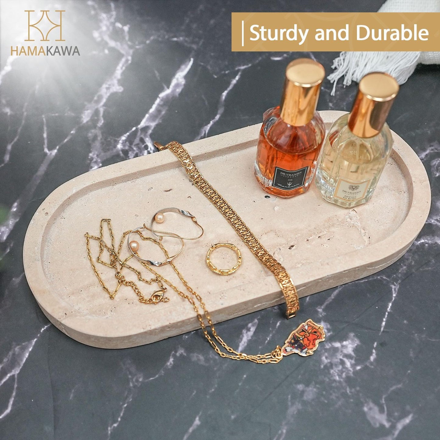 HAMAKAWA Turkish Natural Marble Vanity Tray, Oval Bathroom Tray 10 inch, Beige Travertine Perfume Trays, Vanity Organizer for Soap, Kitchen, Home Decor