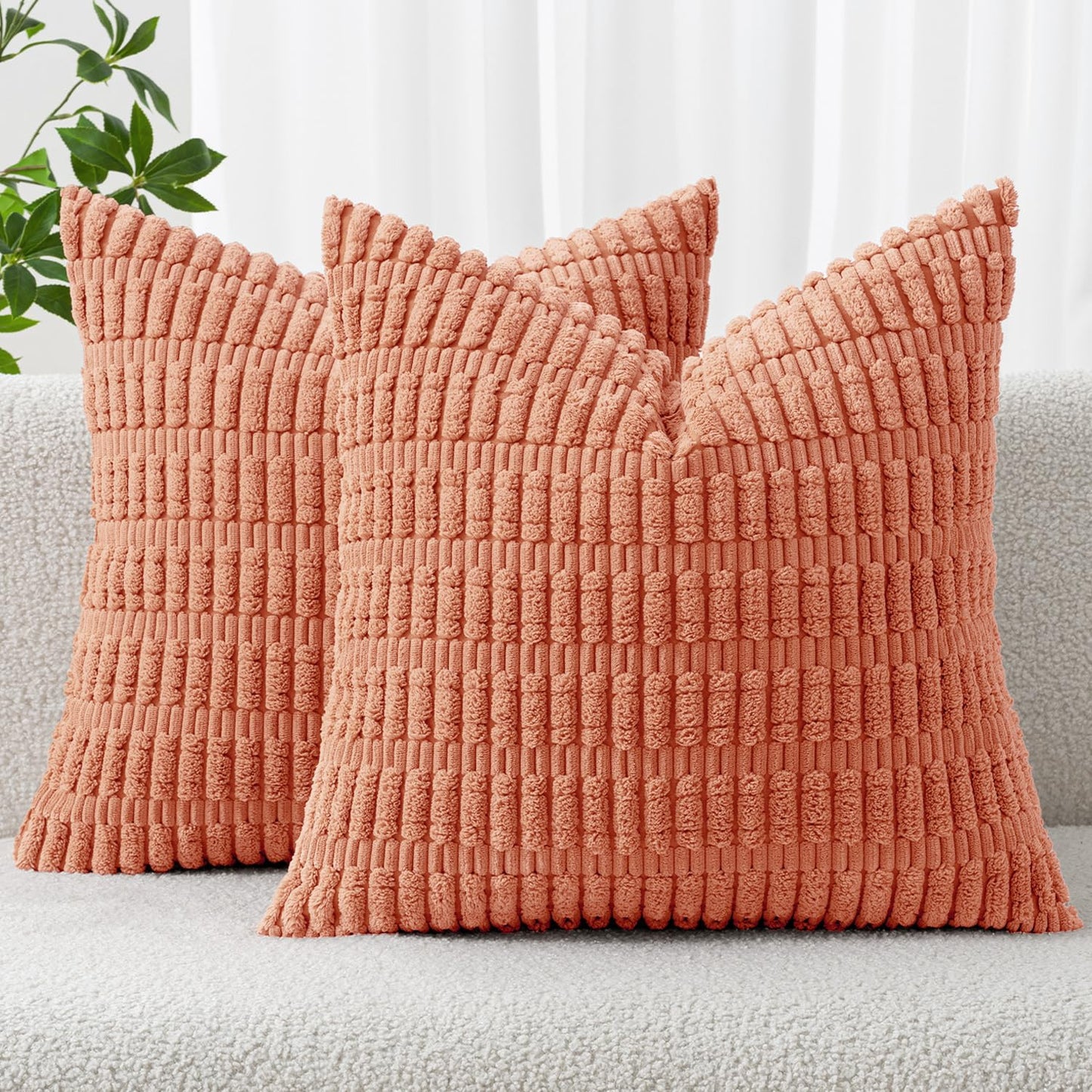 MIULEE Pack of 2 Corduroy Decorative Throw Pillow Covers 20x20 Inch Soft Boho Striped Pillow Covers Modern Farmhouse Home Decor for Summer Sofa Living Room Couch Bed Coral