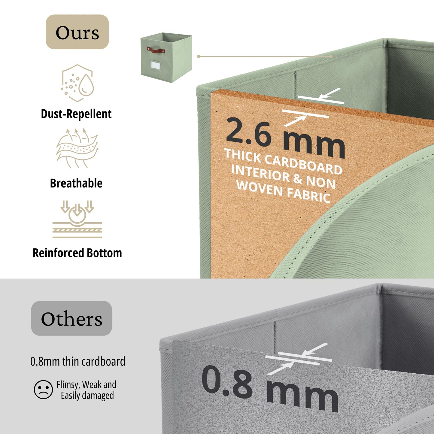 DECOMOMO Storage Bins, Cube Storage Bin with Labels, Fabric Storage Cubes for Shelves (10.5" x 11" / 6pcs, Sage Green)