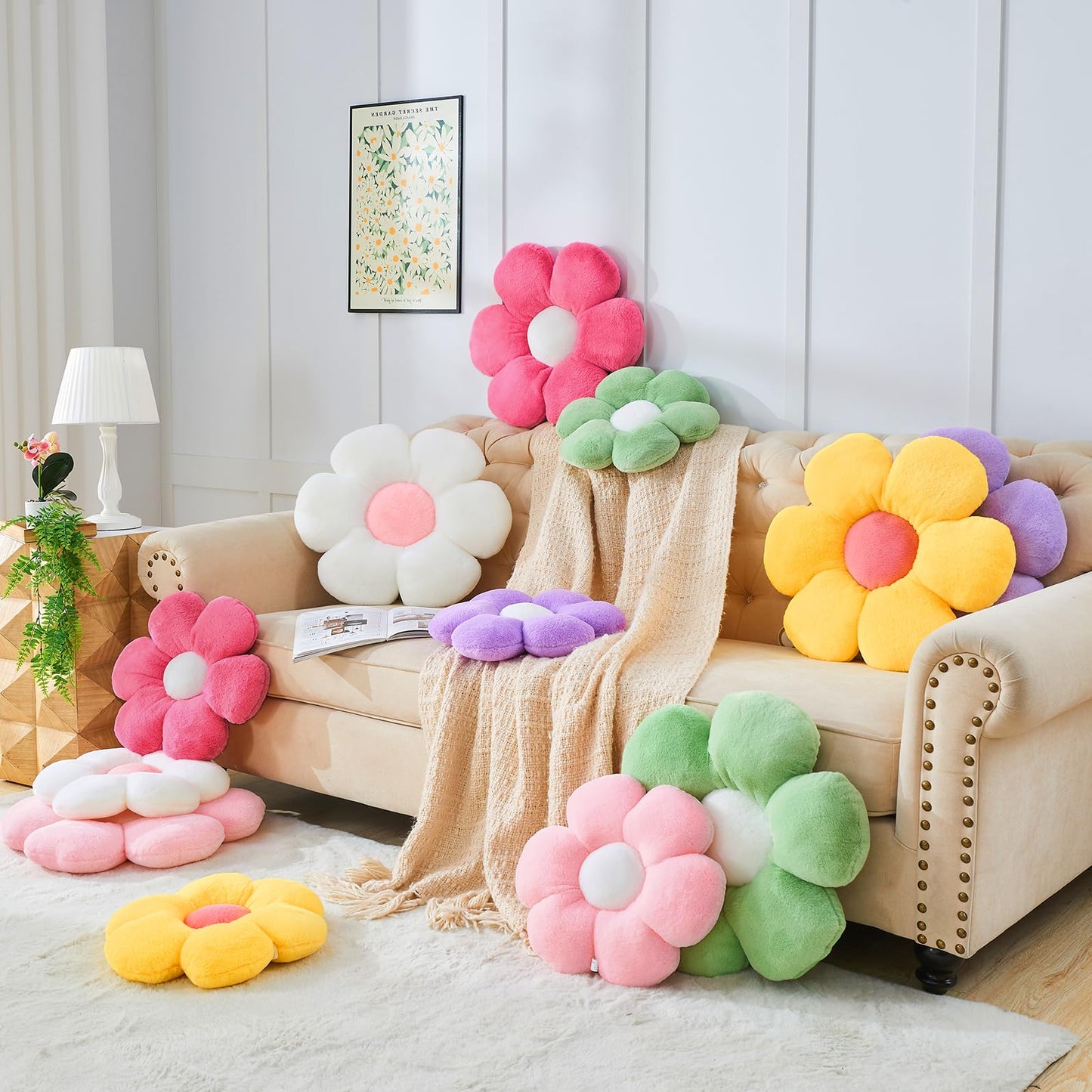 Mepherl Yellow Flower Pillow, Soft Daisy Shaped Throw Pillows with Faux Rabbit Fur for Home Decorative,Cute Flower Throw Pillow Cushion for Bed Sofa Couch (Small - 15.7 Inch)