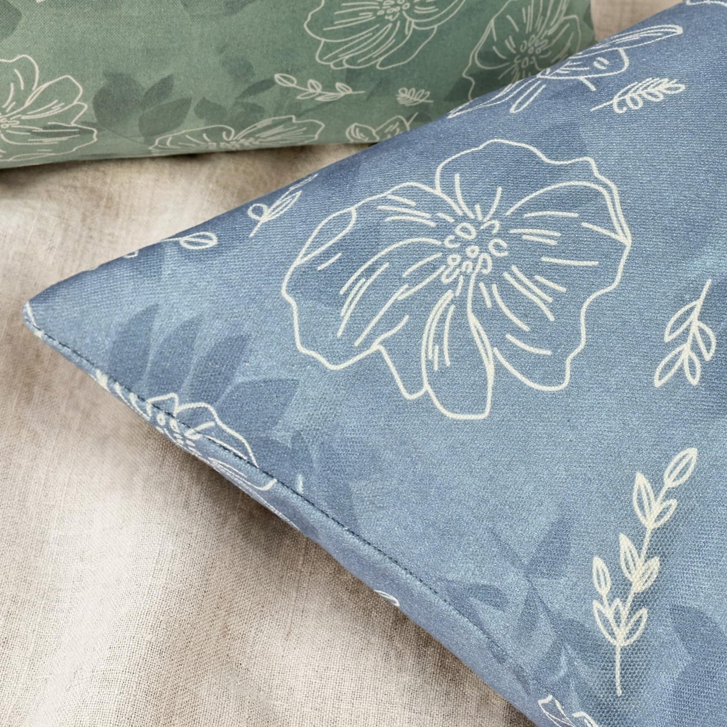 decorUhome Floral Botanical Pillow Covers 18x18 Set of 2, Faux Linen Decorative Throw Pillow Covers with White Line Flower Print for Couch Sofa Bed, Blue