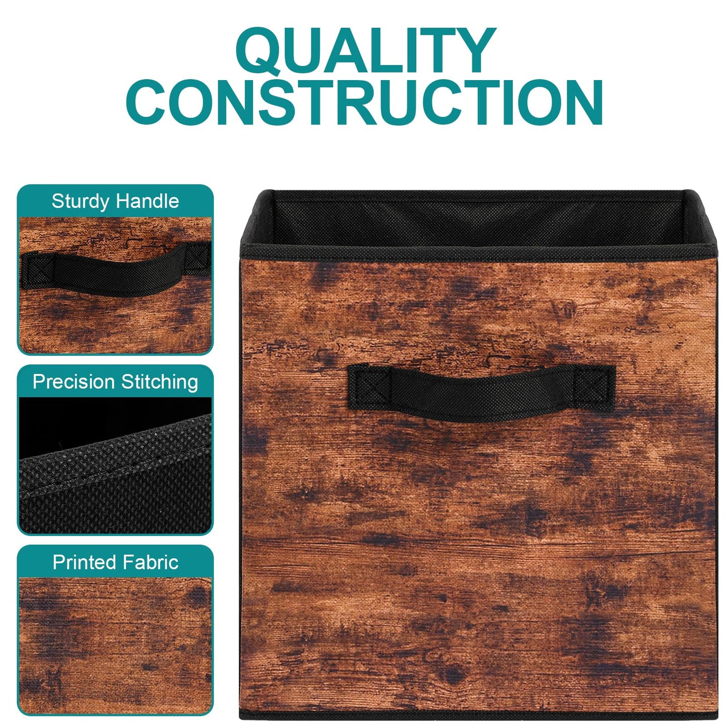 Stero Fabric Storage Cubes, 6 Pack Foldable Storage Bins with Handle, 11 Inch Box for Shelves, Closet, Organizer, Rustic Brown and Black